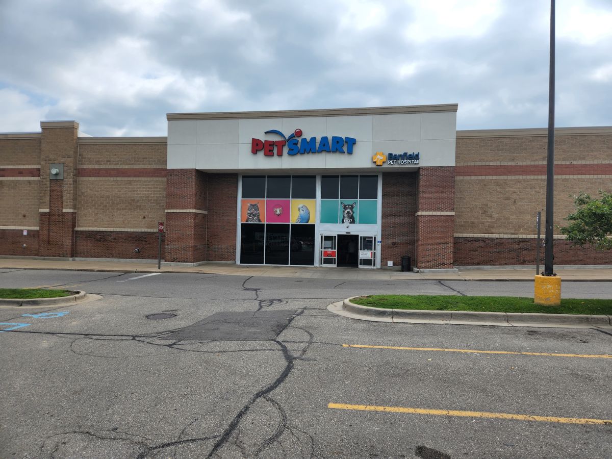 The parking lot view of the Brighton PetSmart and Banfield