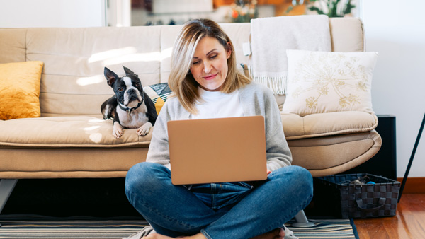 A woman on a laptop with her Boston Terrier on the couch