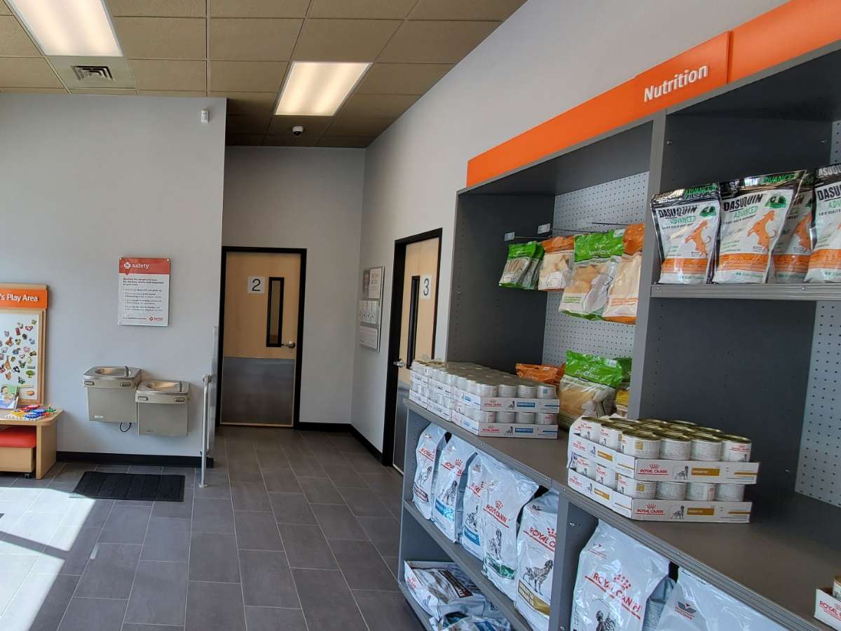 Supply shelves and the front desk at the Myrtle Beach Banfield hospital