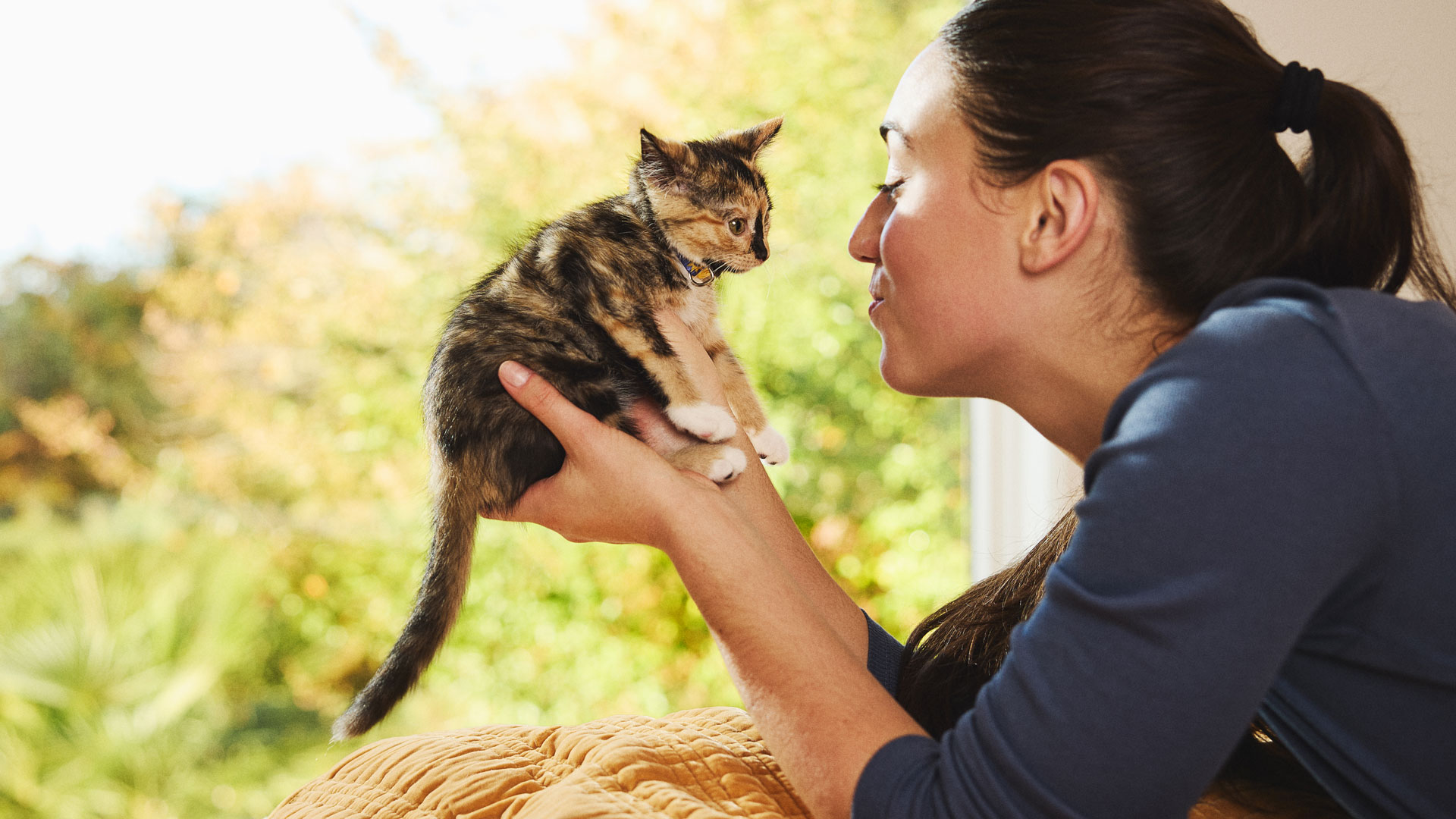 A woman holding a tiny calico kitten
