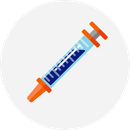 Illustrated icon of a blue syringe with orange plunger and needle