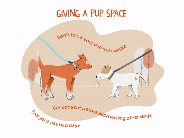 A cartoon puppy nervously moves away from another dog